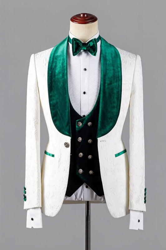 Fashion White Jacquard 3 Pieces Wedding Suits