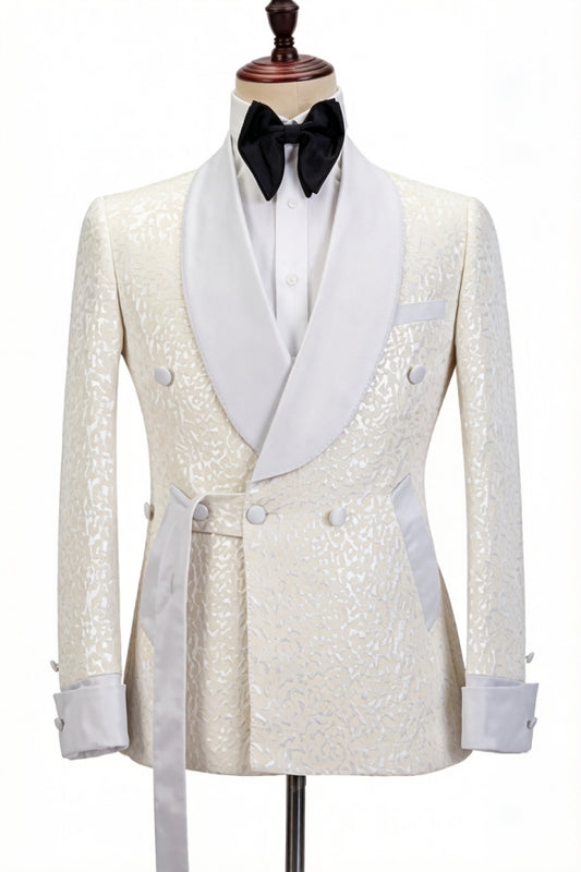 Bespoke White Jacquard Shawl Lapel Wedding Suits