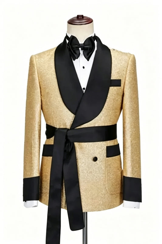 Fashion Gold Sequined Double Breasted Shawl Lapel Wedding Suits With Belt