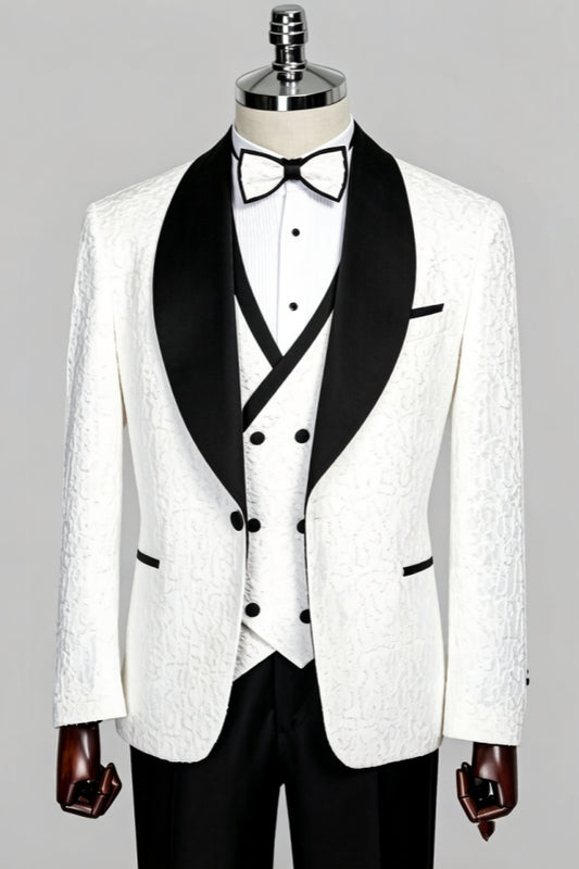 Steady White Jacquard 3 Pieces Shawl Lapel Wedding Suits