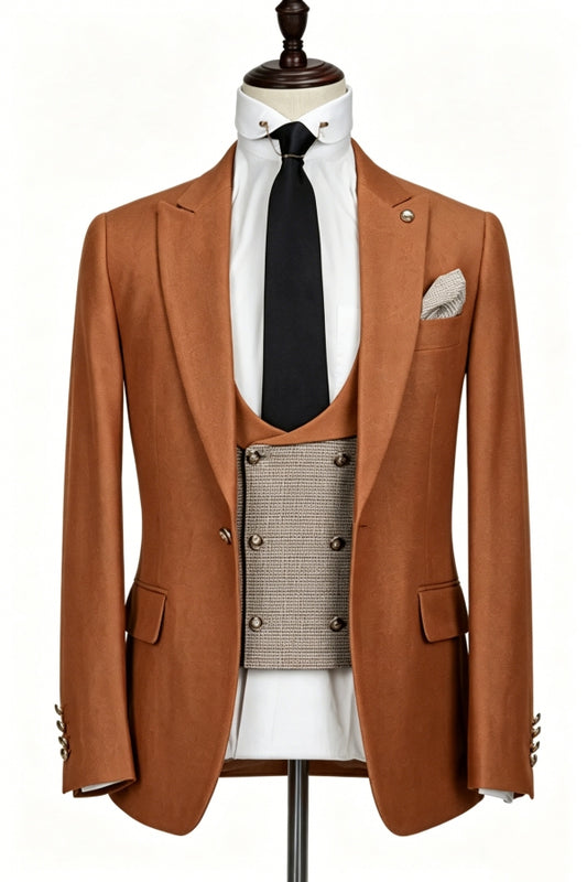 Fancy Caramel 3 Pieces Slim Fit Wool Prom Men Suits