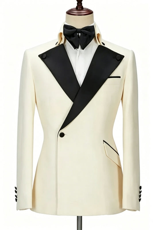 Off White One Button Peaked Lapel Wool Prom Men Suits