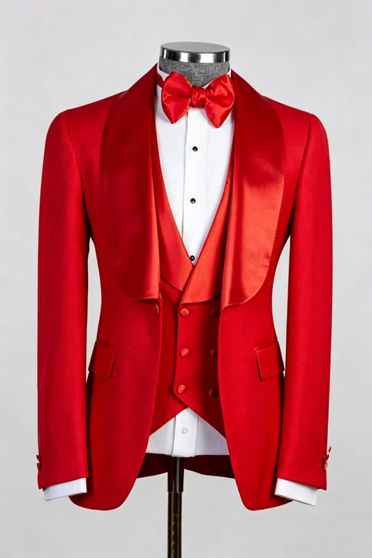 Chic Red 3 Pieces Shawl Lapel Wool Wedding Suits