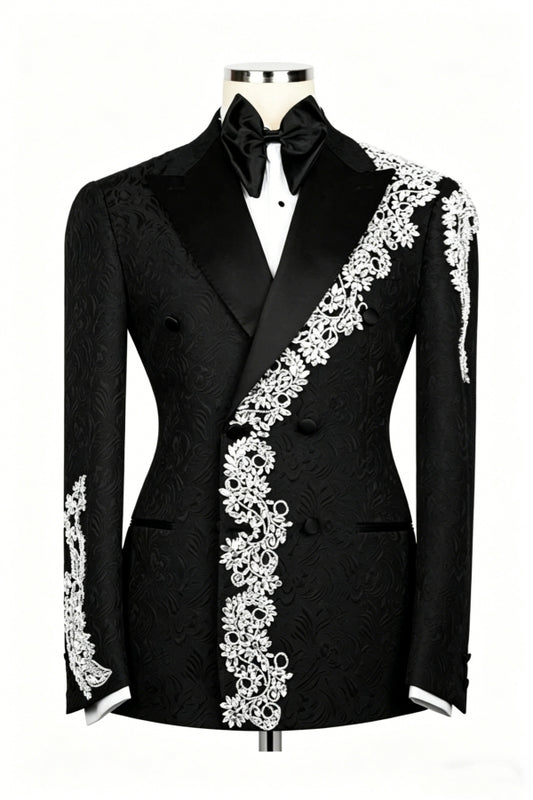 Chic Black Jacquard Beadings Peaked Lapel Bespoke Prom Suits