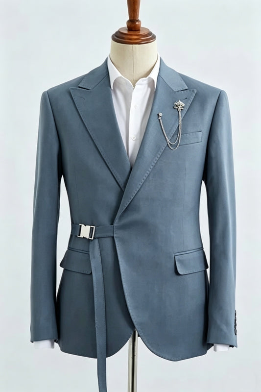 Fancy Slate Blue Wool Prom Men Suits