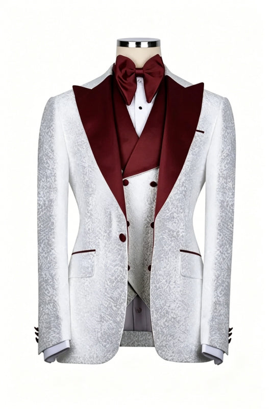 Generous White Jacquard Peaked Lapel Prom Suits With Waistcoat