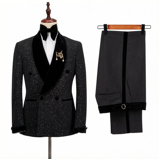 Sparkle Black Double Breasted Shawl Lapel Wedding Suits