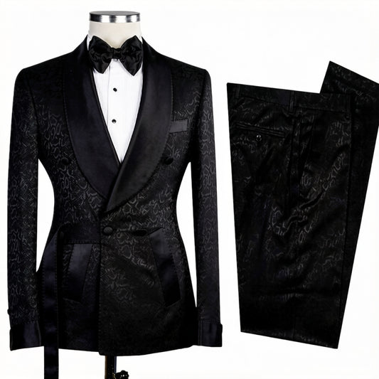 Modern Black Jacquard Double Breasted Shawl Lapel Wedding Suits