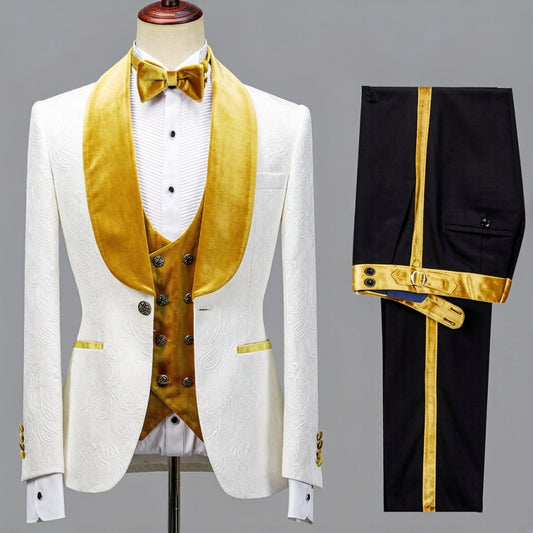 Trendy White Jacquard 3 Pieces Yellow Velvet Shawl Lapel Wedding Suits
