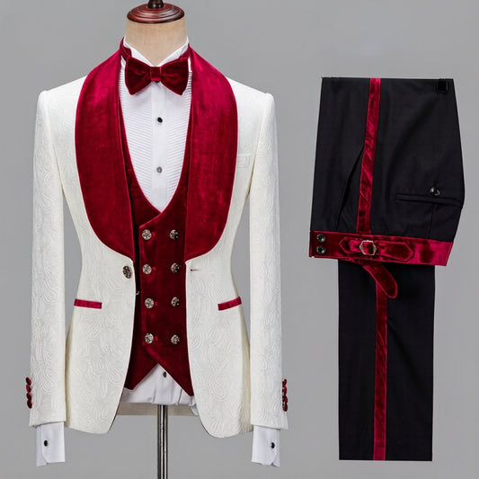 White Jacquard 3 Pieces Burgundy Velvet Shawl Lapel Wedding Suits