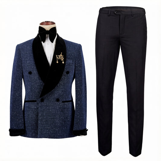 Shiny Dark Blue Double Breasted Shawl Lapel Wedding Suits