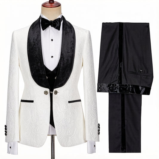 Bespoke White Jacquard 3 Pieces Velvet Shawl Lapel Wedding Suits