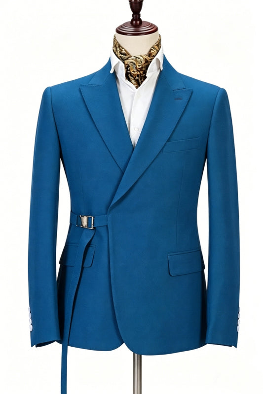 Lake Blue Peaked Lapel Wool Men Suits With Adjust Belt