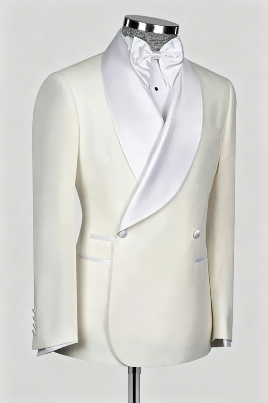 Modern White Shawl Lapel Double Breasted Wool Wedding Suits