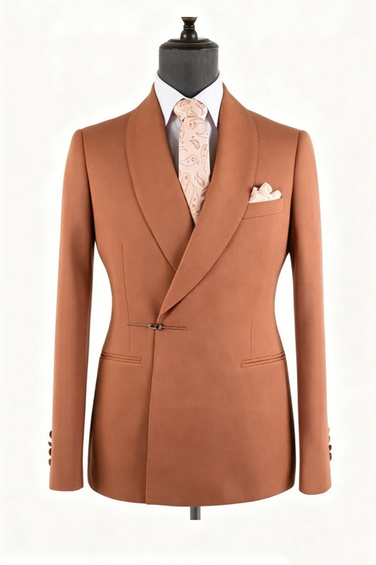 Bespoke Caramel Shawl Lapel Wool Wedding Suit With Bolt Buckle