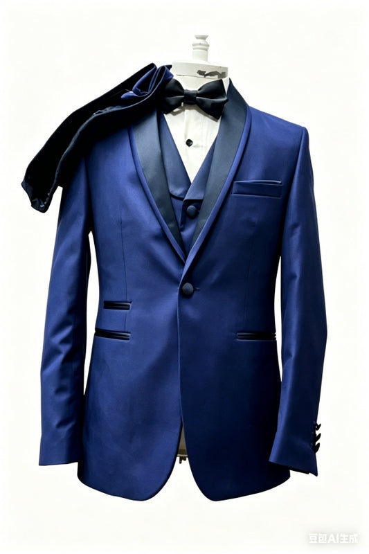Chic Navy Blue One Button 3 Pieces Shawl Lapel Wool Wedding Suits
