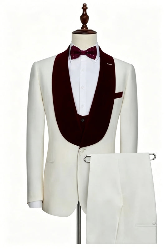White Wool Burgundy Velvet Shawl Lapel Wedding Suit With Waistcoat