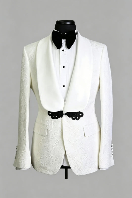 Handsome White Newest Jacquard Shawl Lapel Wedding Suits