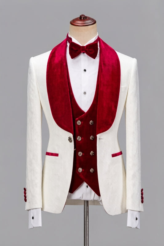 White Jacquard 3 Pieces Burgundy Velvet Shawl Lapel Wedding Suits