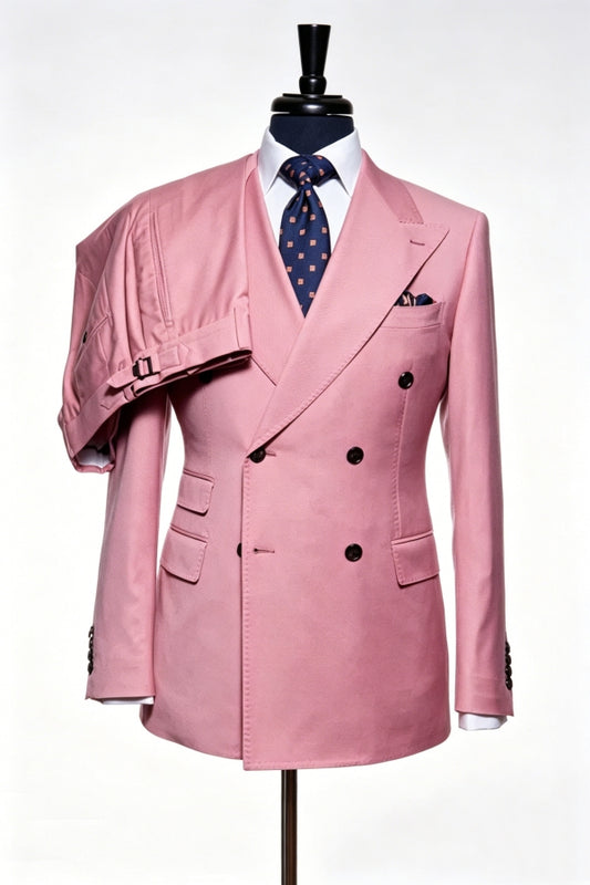 Best Fitted Pink Wool Double Breasted Peaked Lapel Prom Men Suits