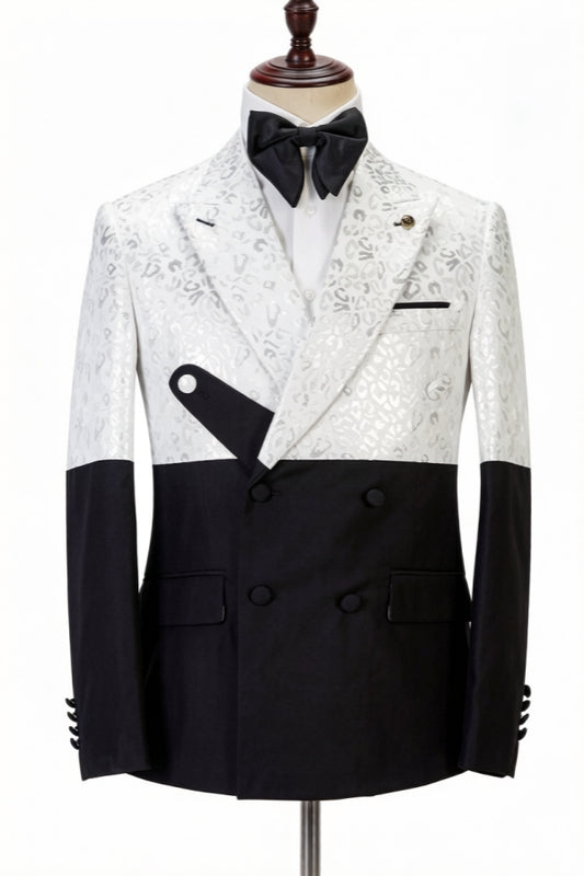 Stylish Black And White Peaked Lapel Jacquard Prom Men Suits