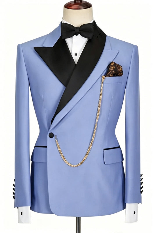 Latest Blue Peaked Lapel One Button Wool Prom Suits