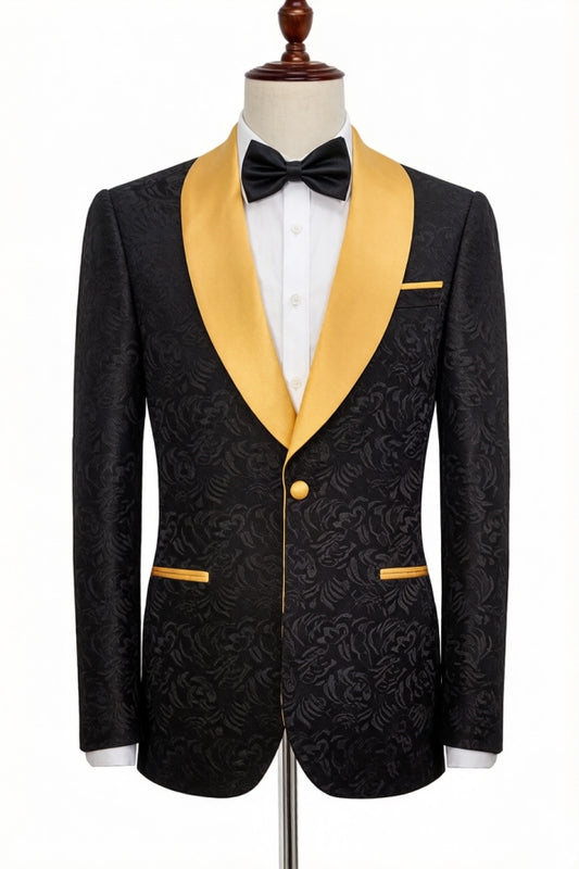 One Button Black Jacquard Shawl Lapel Wedding Suits