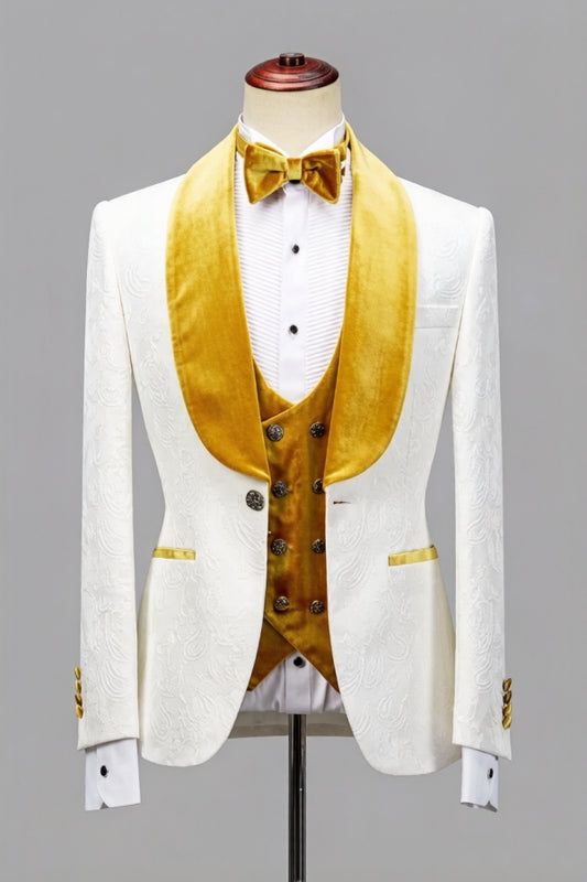 Trendy White Jacquard 3 Pieces Yellow Velvet Shawl Lapel Wedding Suits