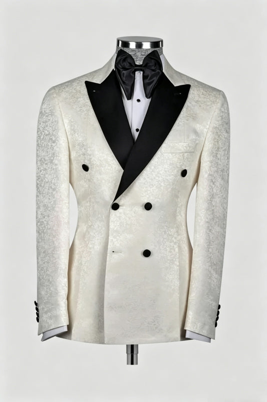 Best Fitted White Jacquard Double Breasted Peaked Lapel Prom Suits