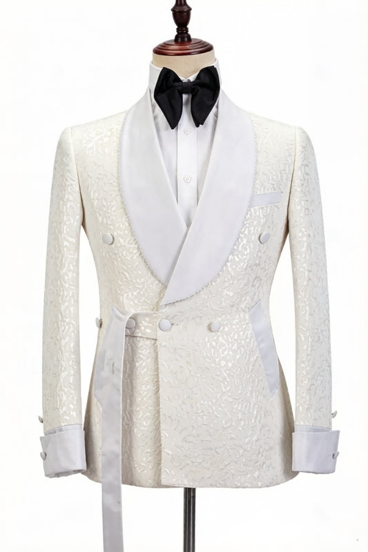 Modern White Double Breasted Jacquard Shawl Lapel Wedding Suits