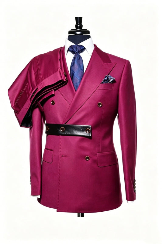 Stylish Magenta Double Breasted Peaked Lapel Wool Prom Suits