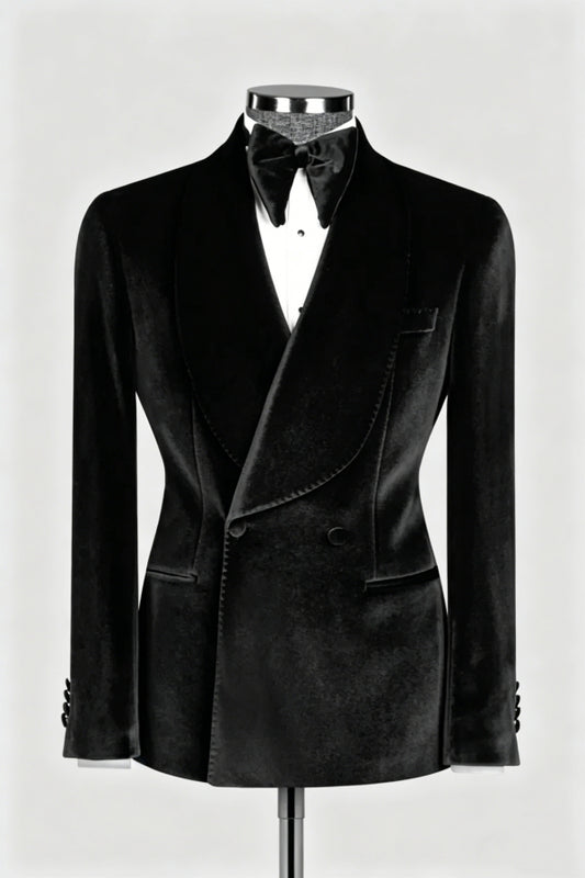 Black Velvet Double Breasted Wide Shawl Lapel Wedding Suits