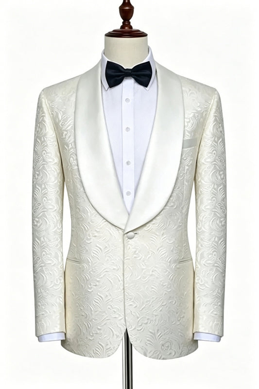 White Popular One Button Jacquard Shawl Lapel Wedding Suits