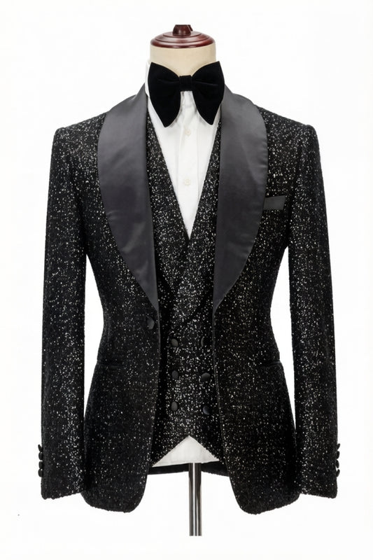 Bespoke Black Sequins 3 Pieces Shawl Lapel Wedding Suits