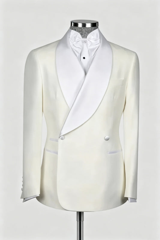 Modern White Shawl Lapel Double Breasted Wool Wedding Suits
