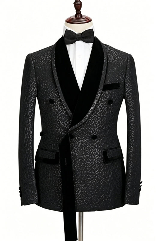 Black Leopard Shawl Lapel Double Breasted Prom Men Suits