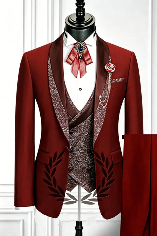 Glamorous Red 3 Pieces Shawl Lapel Wool Wedding Suits