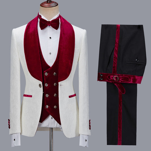 White Jacquard 3 Pieces Burgundy Velvet Shawl Lapel Wedding Suits